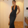 Glorol - Backless Deep V Neck Lace Up Slim Maxi Dress