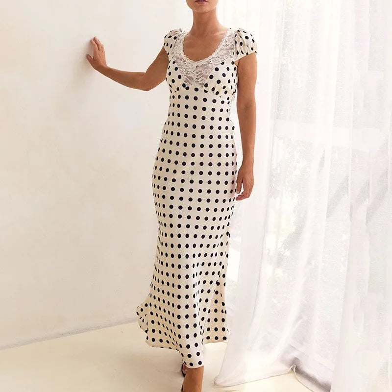 Glorol - Elegant Polka Dot Patchwork Hollow Out Maxi Dress