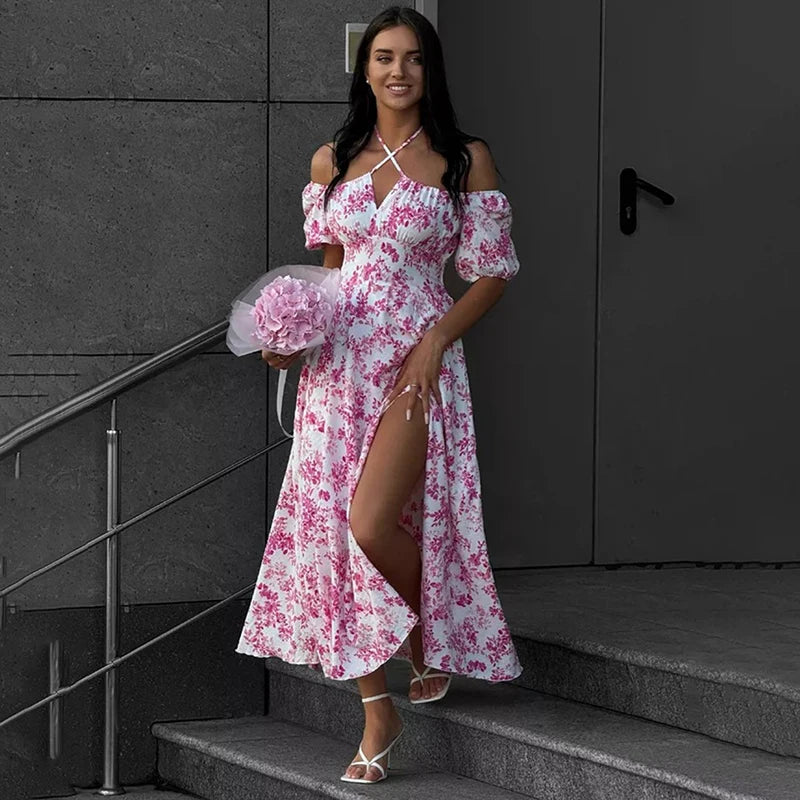 Glorol - Off Shoulder Short Sleeve Lace Printed Slit Maxi Dress
