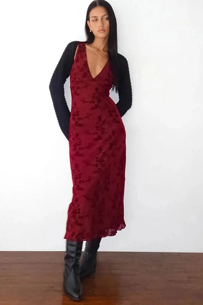 Glorol - Printed Deep V Neck Sleeveless Slim Maxi Dress