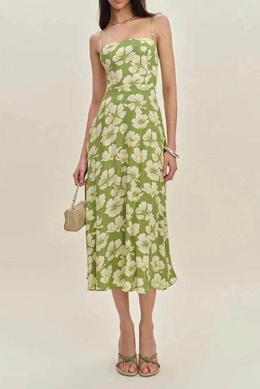 Glorol - Backless Fit Floral Printed Sleeveless High Waist Midi Dress