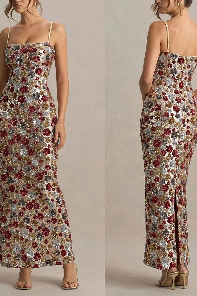 Glorol - Elegant Backless Sleeveless Floral Printed Maxi Dress