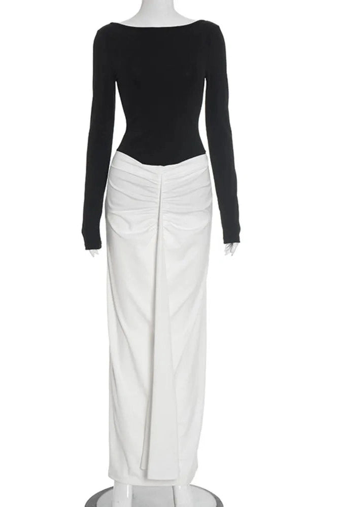 Glorol - Long Sleeve Backless Patchwork High Waist Maxi Dress