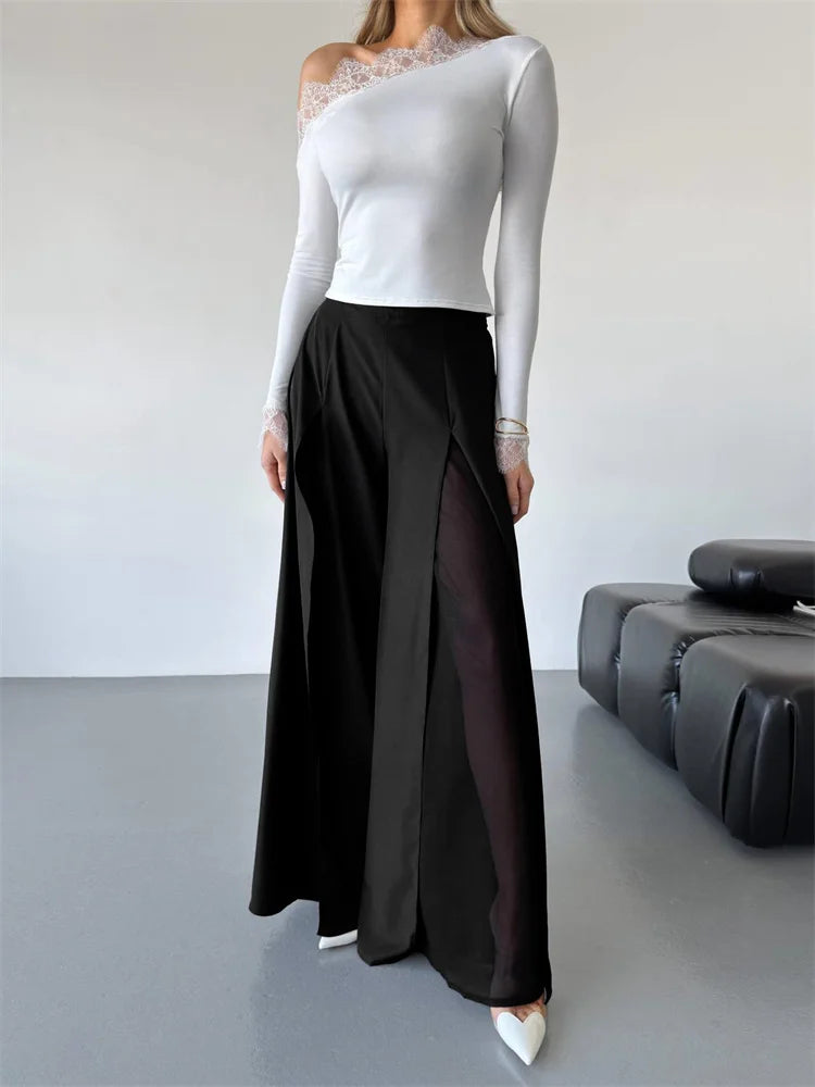 Glorol - High Waist See-Through Patchwork Wide Leg Skirt