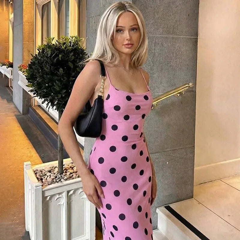Glorol - Lace Up Printed Polka Dot Backless Maxi Dress