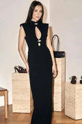 Glorol - Elegant Hollow-Out Slim Round Neck Sleeveless Maxi Dress