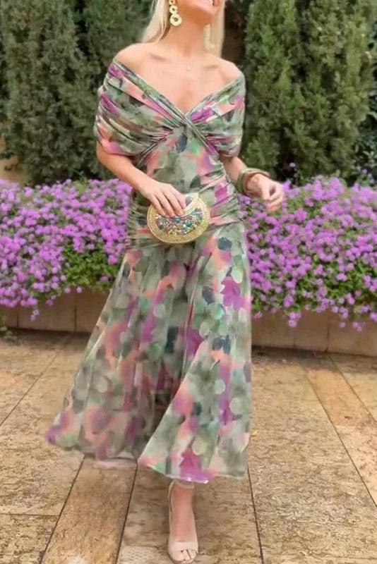 Glorol - Elegant Pleated Printed Maxi Dress