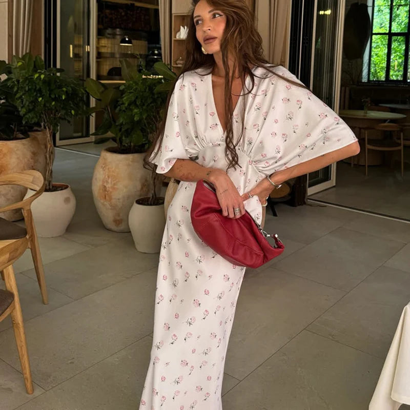 Glorol - Printed V-Neck Short Sleeve Maxi Dress
