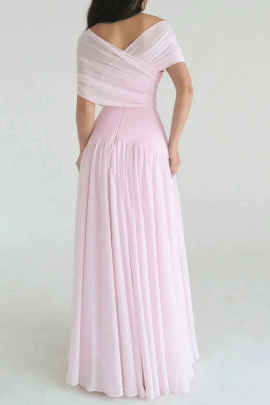 Glorol - Off Shoulder High Waist Pleated Maxi Dress