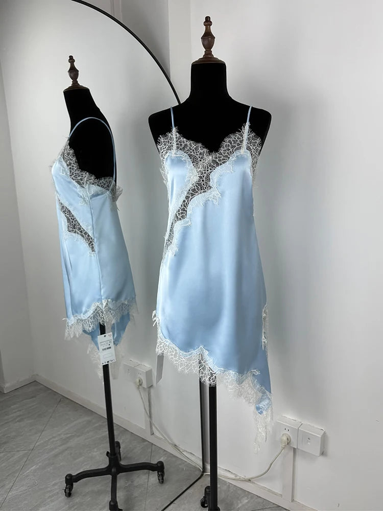 Glorol - Lace Spaghetti Strap Slit Bodycon Mini Dress
