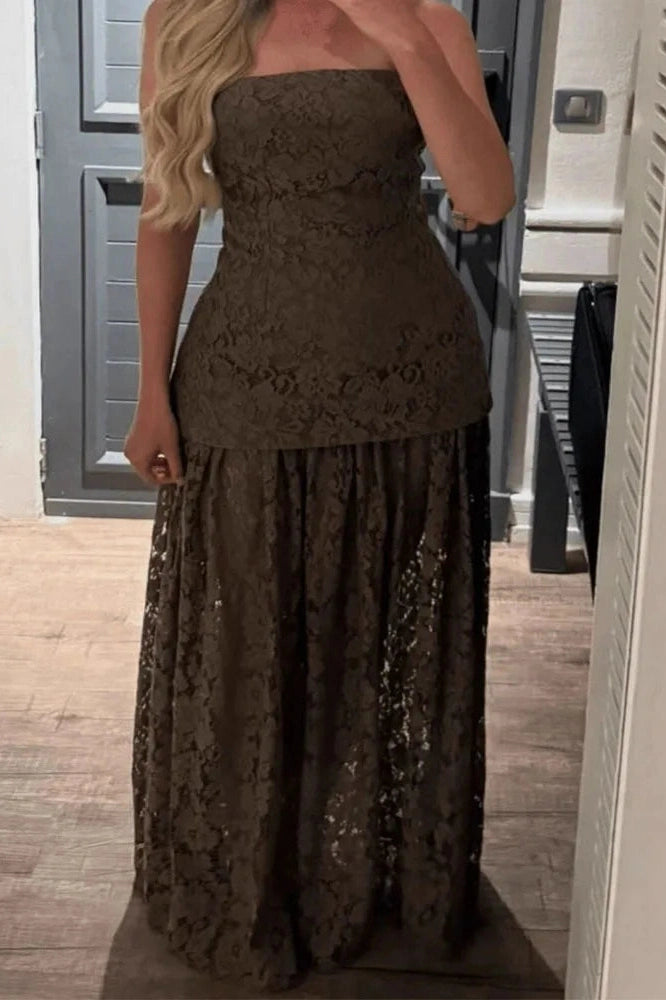 Glorol - Hollow Out Off-Shoulder Lace Pleated High Waist Maxi Dress