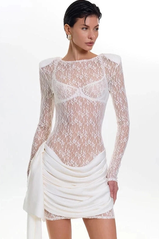 Glorol - Hollow Out Lace Long Sleeve Slim Fit Mini Dress