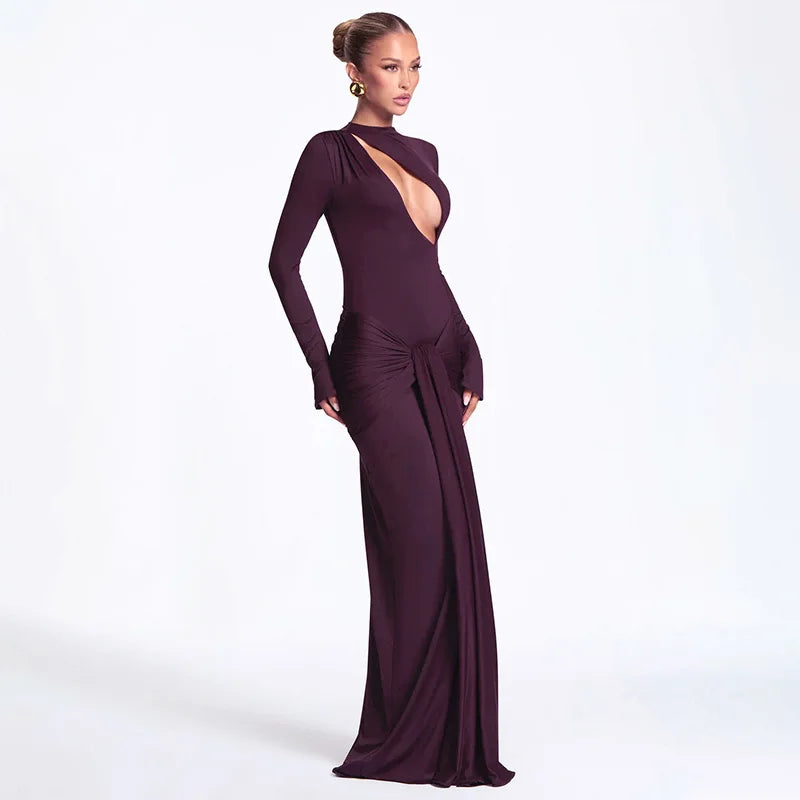 Glorol - Hollow Out Slim Long Sleeves Maxi Dress