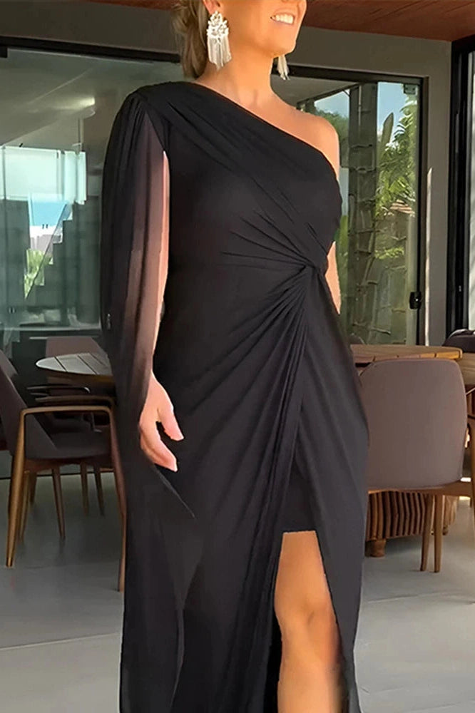 Glorol - Elegant Slash Collar High Split Maxi Dress