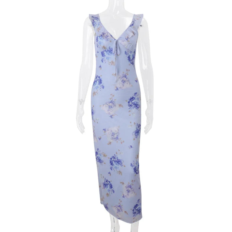 Glorol - Printed V-Neck Sleeveless Slim Maxi Dress