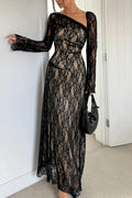 Glorol - Flare Sleeve Pleated Slim Slash Collar Lace Embroidery Maxi Dress