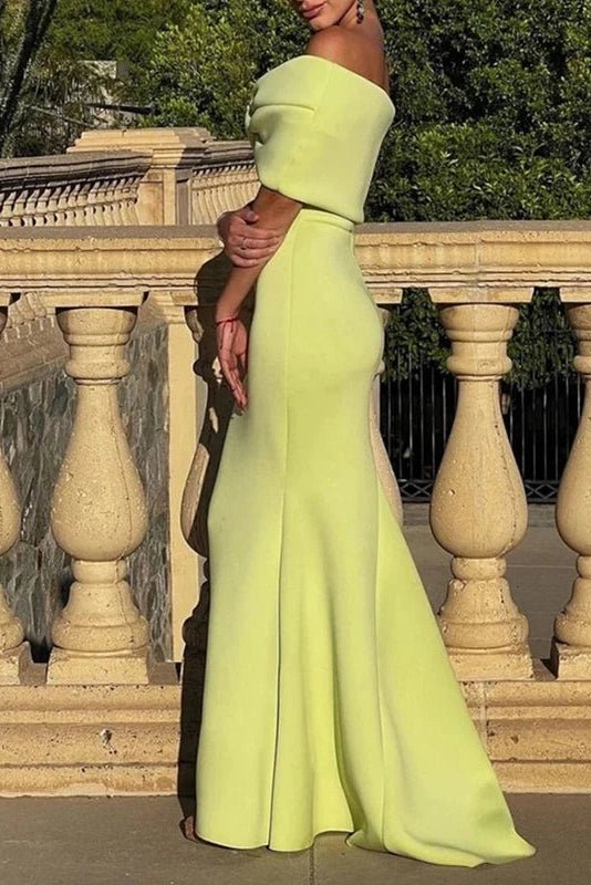 Glorol - High Waist Off-Shoulder Slim Pleated Maxi Dress