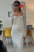 Glorol - Elegant Slim Lace Long Sleeve Lace Up Maxi Dress