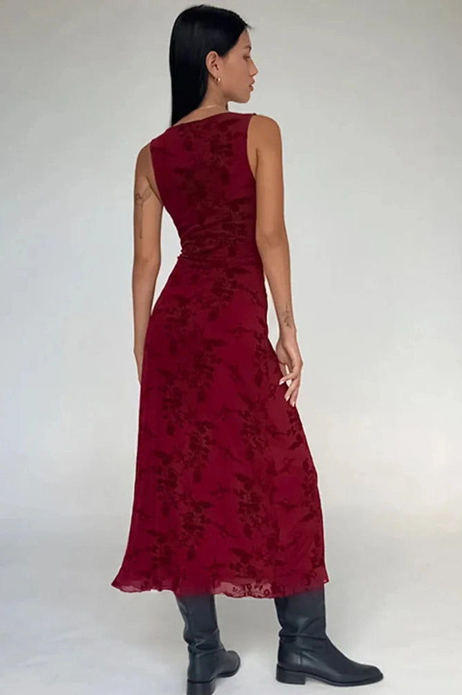 Glorol - Printed Deep V Neck Sleeveless Slim Maxi Dress
