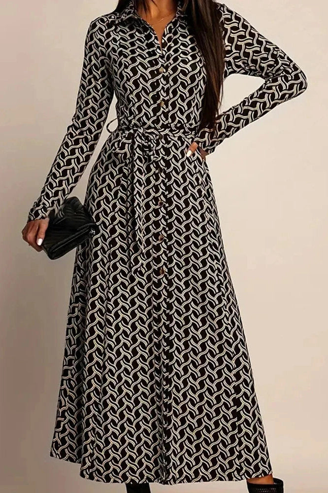 Glorol - Printed High Waist Long Sleeve Pleat Midi Dress