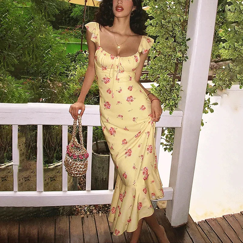 Glorol - Floral Lace-Up Patchwork Backless Maxi Dress