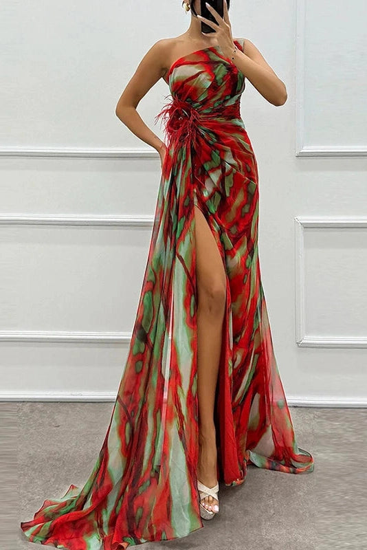 Glorol - Sleeveless Backless High Split Printed One Shoulder Maxi Dress