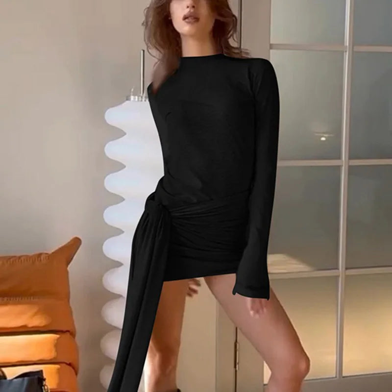 Glorol - High Neck Lace Up Long Sleeve Mini Dress