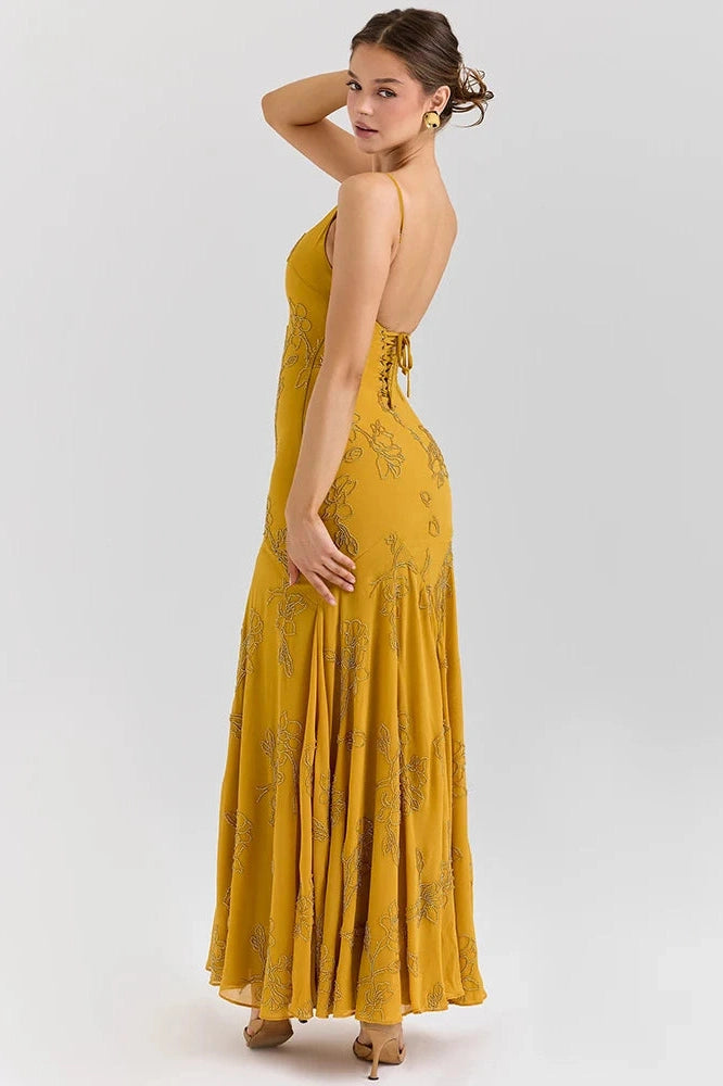 Glorol - Spaghetti Strap Backless Sleeveless Lace-Up Bodycon Maxi Dress