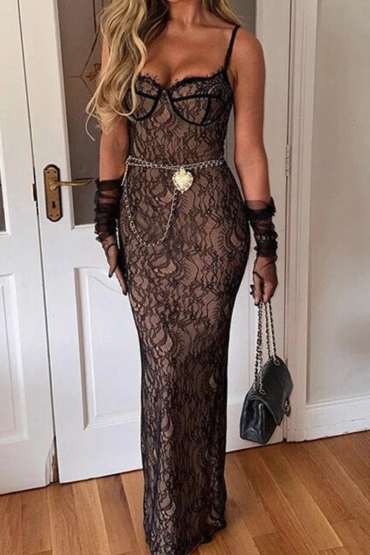 Glorol - Elegant V Neck Sleeveless Lace Slim Maxi Dress