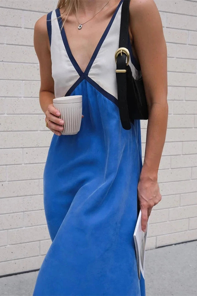 Glorol - Patchwork V-Neck Strapless Sleeveless Slim Maxi Dress