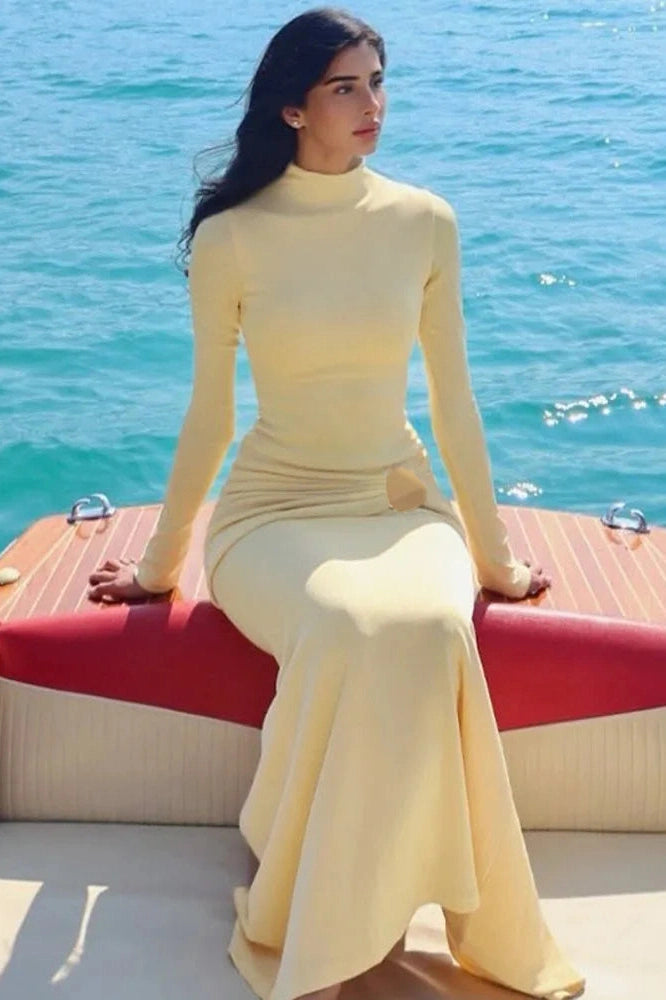 Glorol - High Collar Long Sleeve Bodycon Maxi Dress