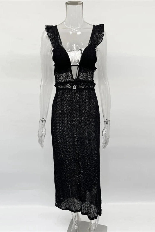Glorol - Deep V Neck Sleeveless See Through High Waist Knitted Maxi Dress