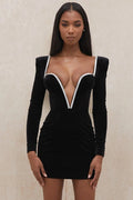 Glorol - Long Sleeve Deep V Neck Crystal Padded Mini Dress