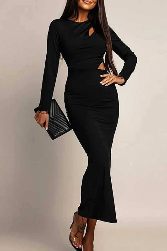 Glorol - Hollow Out Long Sleeve O-Neck Bodycon Maxi Dress