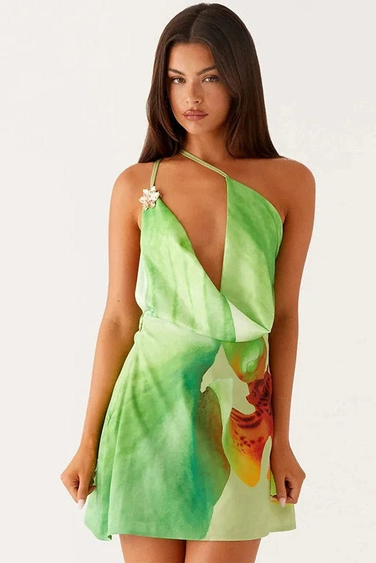 Glorol - Elegant One-Shoulder Printed Sleeveless High Waist Mini Dress