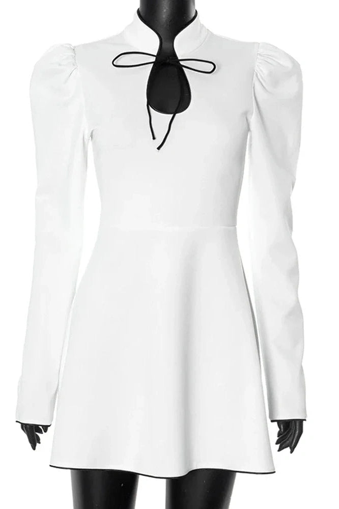 Glorol - Hollow Out Puff Sleeve Lace Up A-Line Mini Dress