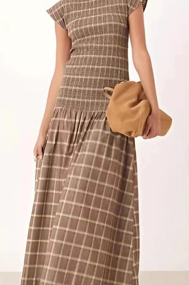 Glorol - O-Neck Short Sleeve High Waist Pleated Printed Slim Maxi Dress