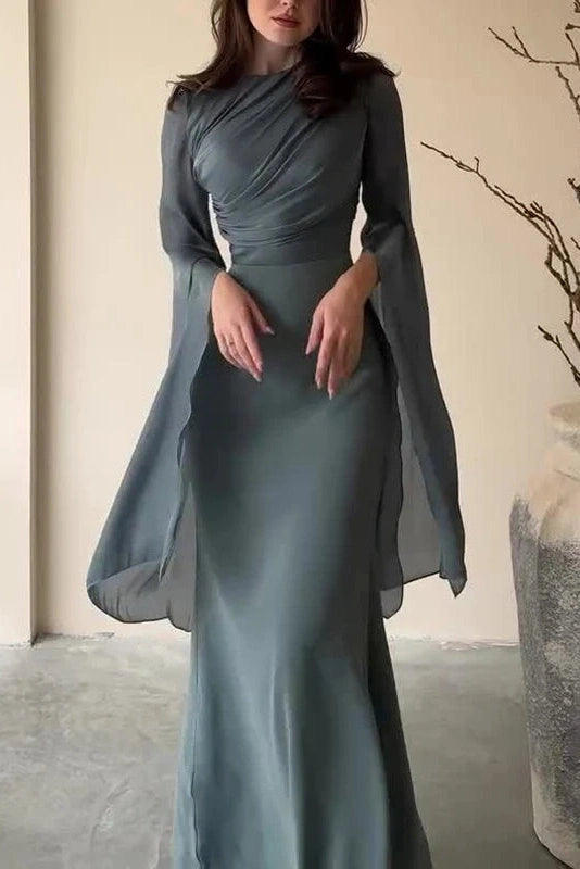 Glorol - Elegant Flare Sleeve Bodycon Slim O Neck Maxi Dress