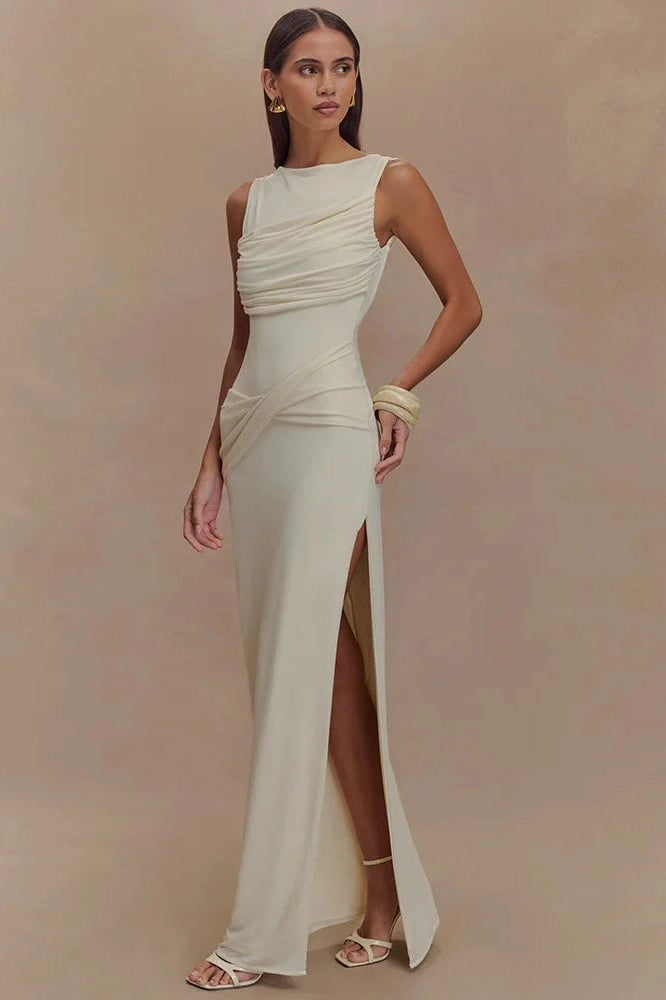 Glorol - Backless O Neck High Split Bodycon Maxi Dress