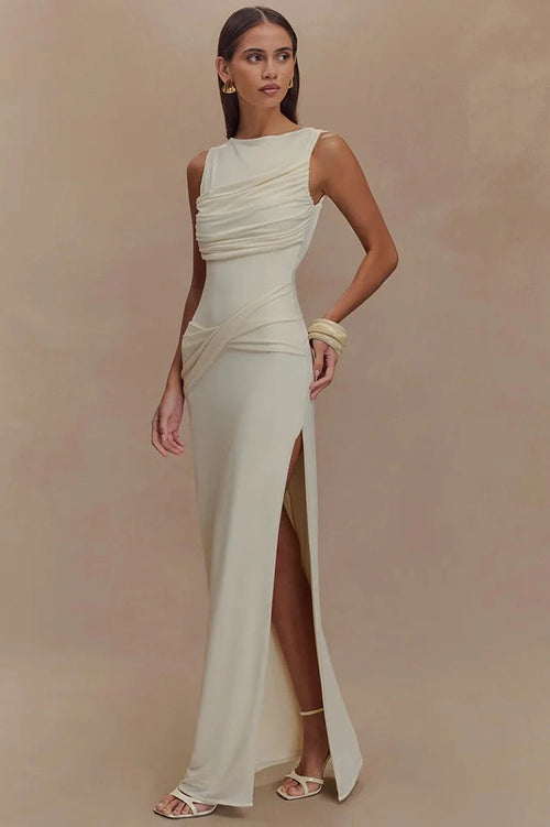 Glorol - Backless O Neck High Split Bodycon Maxi Dress