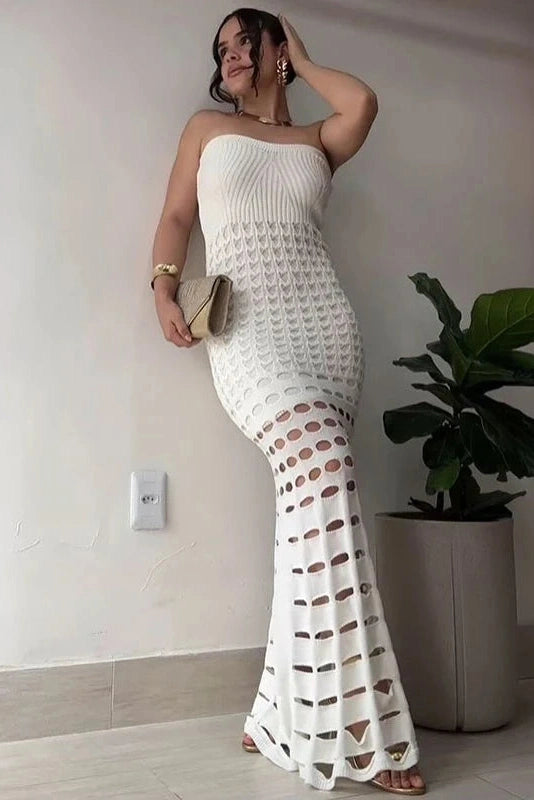 Glorol - Hollow Out Strapless Knitted Slim Sleeveless Maxi Dress