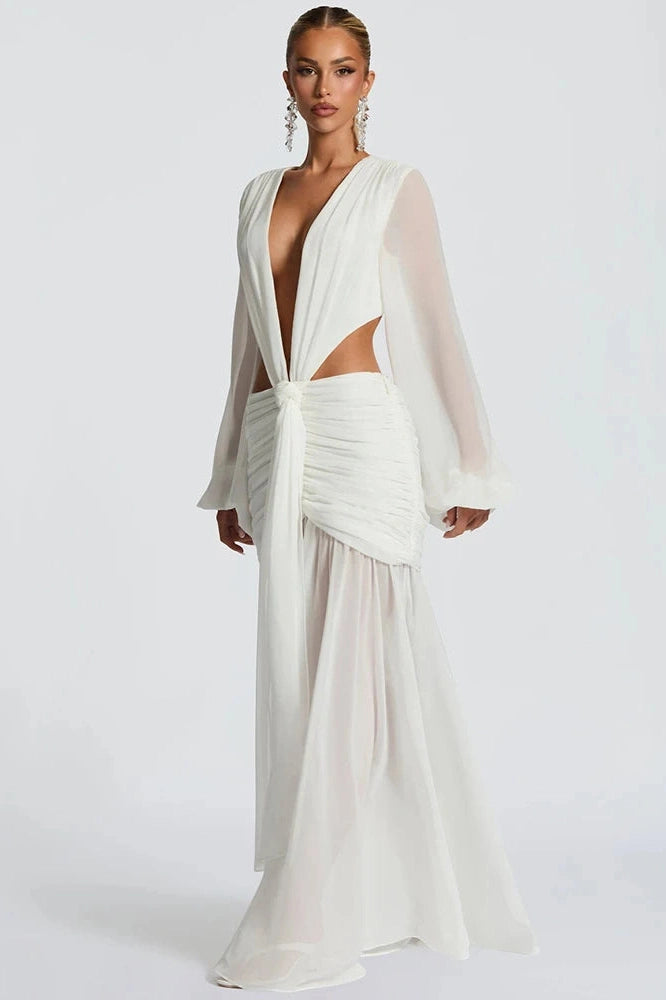 Glorol - Hollow Out Deep V Neck Long Sleeve Backless Maxi Dress