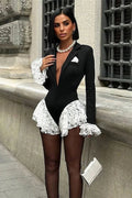 Glorol - Deep V-Neck Lace Long Sleeves Jumpsuit