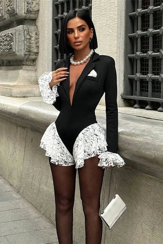 Glorol - Deep V-Neck Lace Long Sleeves Jumpsuit