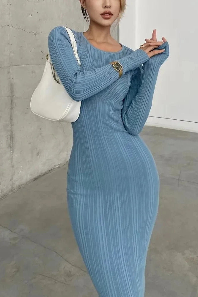 Glorol - Long Sleeve Slim High Waist Patchwork Midi Dress