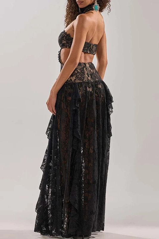 Glorol - Lace Hollow Out Sleeveless High Waist Pleated Maxi Dress