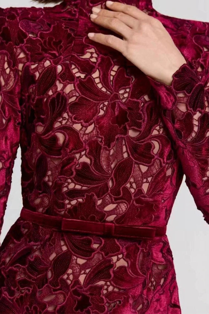 Glorol - Hollow Out Lace Embroidery Long Sleeve High Waist Midi Dress