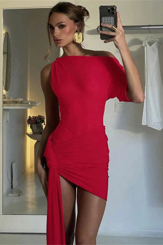 Glorol - One-Shoulder Slim Patchwork Bodycon Mini Dress