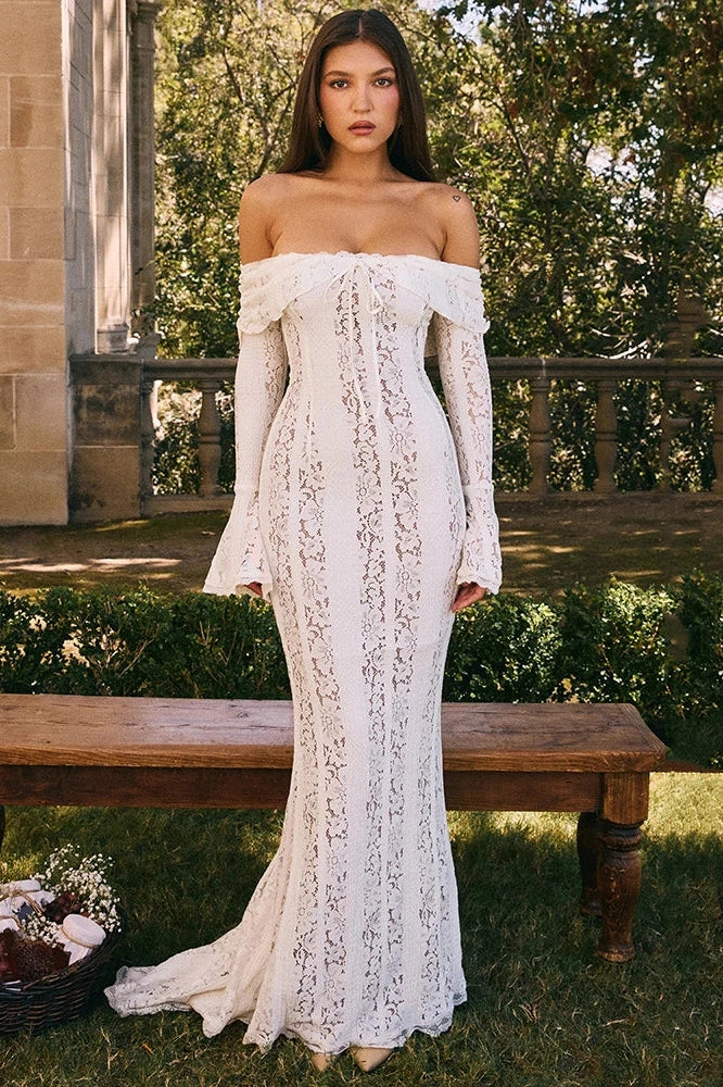 Glorol - Lace Off-shoulder Strapless Long Sleeve Backless Maxi Dress