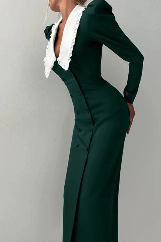 Glorol - Elegant Long Sleeve Double Breasted Midi Dress